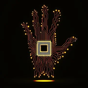 Neon hand. Cpu. Circuit board Stock Illustration