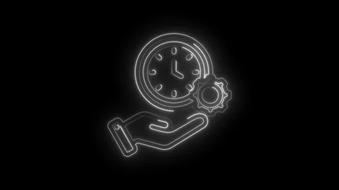 Neon hand holding clock and gear icon representing time management efficiency Stock Footage 333970163
