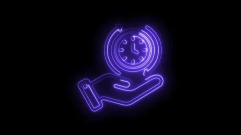 Neon hand holding clock with circular arrows symbolizing time management Stockbeeldmateriaal 333953623
