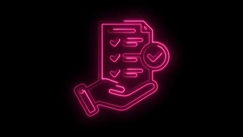 Neon hand holding document checklist with check mark completion symbol animation Stock Footage 330777238