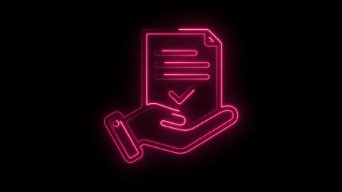 Neon hand holding document with checkmark on black background Stock Footage 330777472