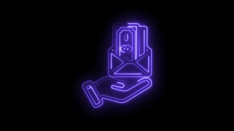 Neon hand holding envelope with money glowing purple icon on black backgrou.. Stock Footage 346136386