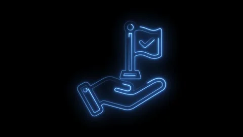 Neon hand holding flag icon animation on black background shows achievement goal Stock Footage 330783813