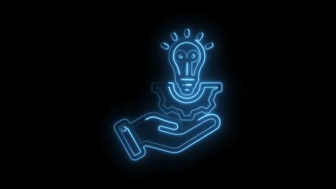 Neon hand holding idea light bulb and gear icon animation on black background Stock Footage 346005971