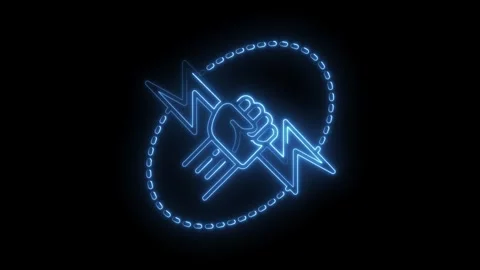 Neon hand holding lightning bolt surrounded by chain on black background Stock Footage 316673995