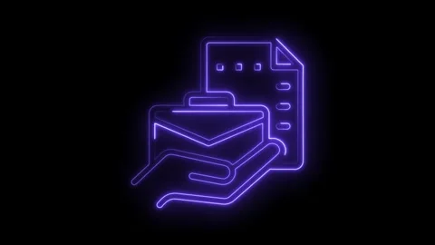 Neon hand holding mail and document icon on black background animated 스톡 동영상 322976474