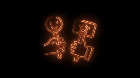 Neon hand holding smiley face and star sign symbol animation on black background Stock Footage 330773369