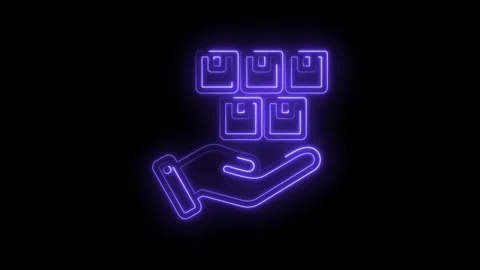 Neon hand holding stack of boxes glowing purple abstract icon representing Stock Footage 333960117