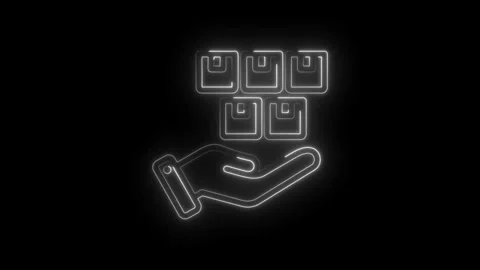 Neon hand holding stack of boxes glowing white on black background abstract Stock Footage 333960129