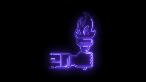 Neon hand holding torch glowing purple line art on black background animation Stock Footage 316676554