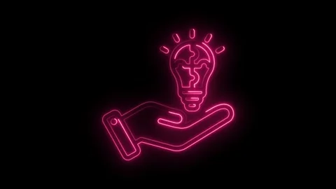 Neon hand holds solving puzzle inside lightbulb bright idea concept animation Stock Footage 330777430