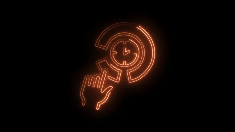 Neon hand interacting with clock icon on black background revealing future .. Stock Footage 345993290