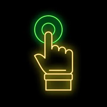Neon hand pointing and pressing button interface concept Stock Illustration
