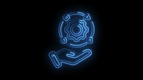 Neon hand presenting gear with blockchain shapes on black background animation Stock Footage 330778280