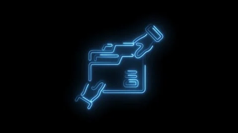 Neon hand retrieving document from file folder glowing on black background Stock Footage 330774502