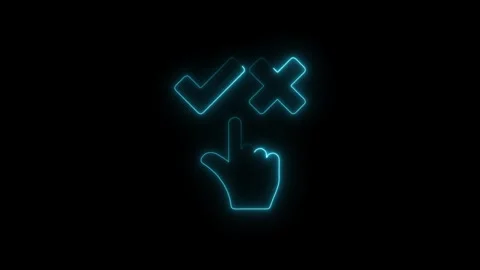 Neon hand selecting between checkmark and cross icon on black background Stock Footage 308605522