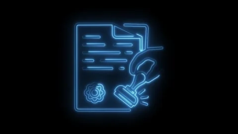Neon hand stamping document with seal of approval on black background animati Stock Footage 345996830