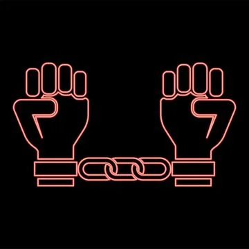 Neon handcuffed hands Chained human arms Prisoner concept Manacles on man D.. Stock Illustration