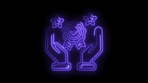 Neon hands holding a quality badge animation with stars on a black background Stock Footage 346003867