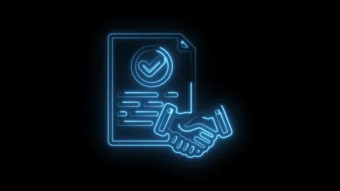 Neon handshake and document with checkmark icon glowing blue on black background Stock Footage 333954849