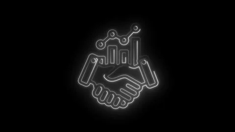 Neon handshake with bar graph and data points glowing on icon black background Stock Footage 333963435