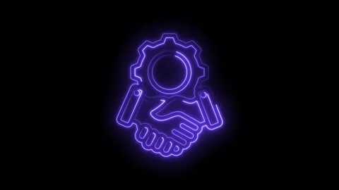 Neon handshake with gear icon symbolizing partnership collaboration success.. Stock Footage 346136116