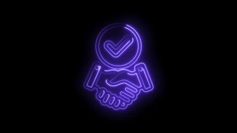 Neon handshake icon with checkmark glowing purple on black background Stock Footage 333955143