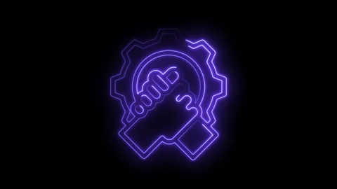 Neon handshake inside gear glowing purple on black background representing .. Stock Footage 346009873