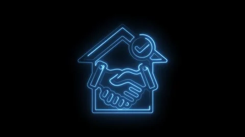 Neon handshake inside house outline with checkmark glowing blue on black Stock Footage 333969334