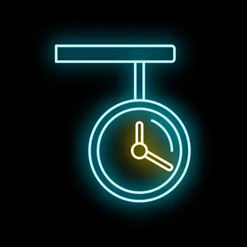 Neon hanging clock showing time on black background 스톡 일러스트