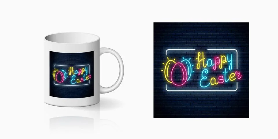 Neon happy easter sign with colored eggs and lettering print for cup design.  Stock Illustration