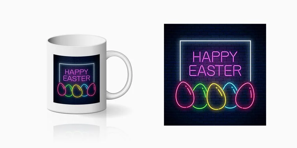 Neon happy easter sign with colored eggs and lettering print for cup design.  Stock Illustration