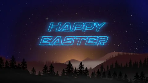 Neon Happy Easter sign shines against majestic mountain landscape Stock Footage 267015301