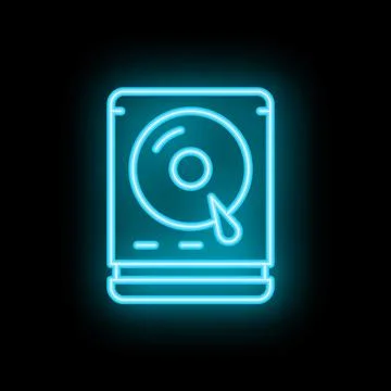 Neon hard disk drive icon glowing on dark background イラスト素材