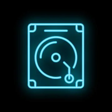 Neon hard disk drive icon glowing on dark background イラスト素材
