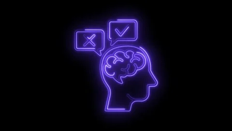 Neon head with brain choosing between tick and cross animated on black back.. Stock Footage 312319993