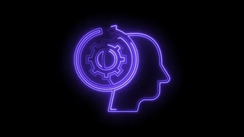 Neon head with cog and arrow symbolizing innovation and continuous improvem.. Stock Footage 312320418