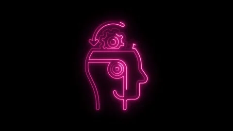 Neon head with gears rotating represents thinking processes and problem sol.. Stock Footage 314651055