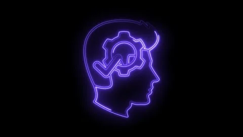 Neon head outline with cogwheel symbolizing thinking process and problem so.. Stock Footage 312331511