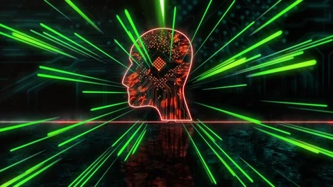 Neon head outline pulsing core chip, emitting green and blue beams, showing Video stock 334337901