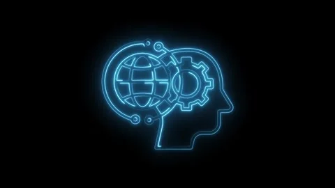Neon head outline with world globe and gear symbolizing artificial intellig.. Stock Footage 312320307