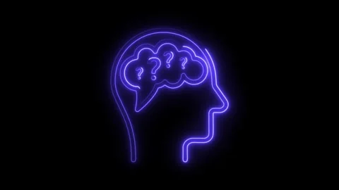 Neon head with question marks glowing on black background represents proble.. Stock Footage 314651096