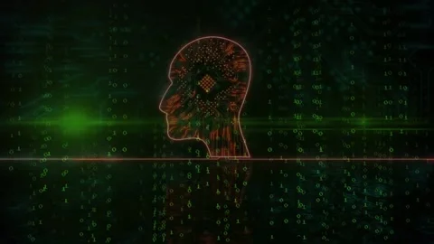 Neon head receiving green scan and pulsing chip as binary code shifting for Stock Footage 332772059