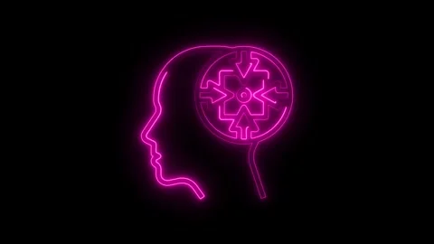 Neon head silhouette with converging arrows represents mindset and problem .. Stock Footage 308605701