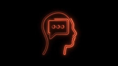 Neon head silhouette with thought bubble glowing orange on black background Stock Footage 322969675