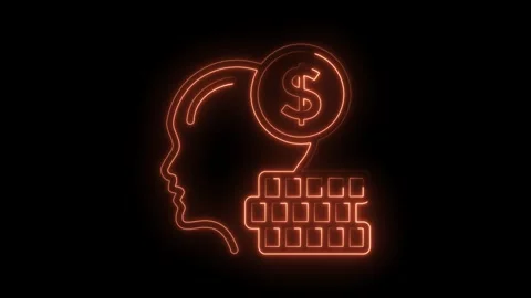 Neon head thinking about money with keyboard concept on black background Stock Footage 322976862