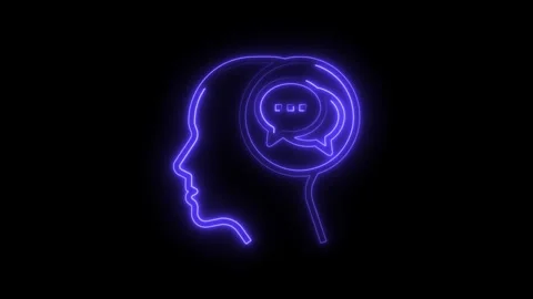 Neon head thinking speech bubble mental health idea concept on black backgrou Stock Footage 308605714