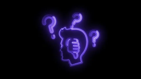 Neon head with thumb down and question marks conceptualizing failure doubts.. Stock Footage 312331937