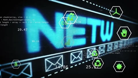 Neon header expanding, driving hex icons drifting, mail strip scrolling Stock Footage 328584733
