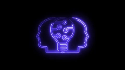 Neon heads with artificial intelligence lightbulb brain concept on black ba.. Stock Footage 308190747
